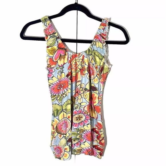 Oilily Top Women’s L Floral Multicolor Sleeveless Abstract Art To Wear Coquette - Picture 2 of 8